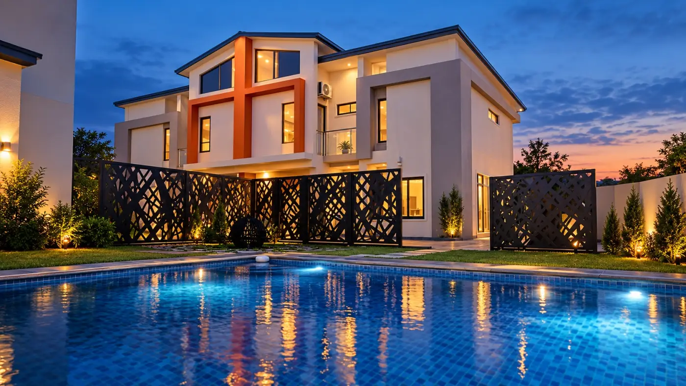 Living Spaces apartments and pool in the evening